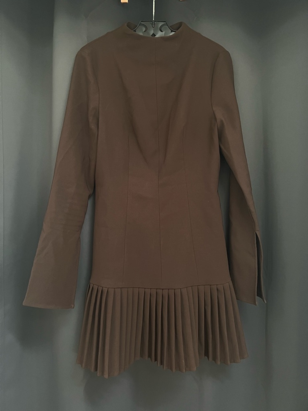 Commense Brown Long-Sleeve Pleated-Hem Dress